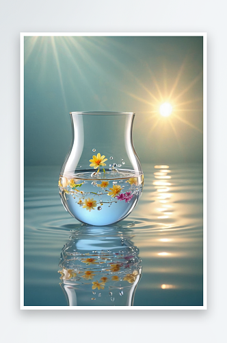 玻璃除臭容器与滚动球水面上被阳光照射图片