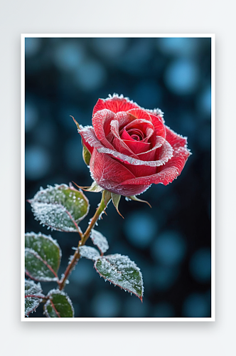 冰冻花叶红玫瑰冰冻植物特写图片
