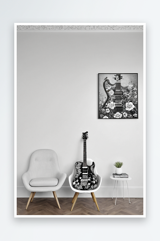贝壳椅电吉他放大器上面黑白图形艺术品图片