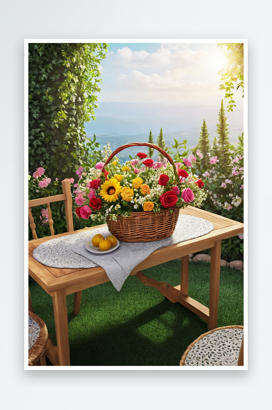 摆放花园里桌子上篮子里放着鲜花照片
