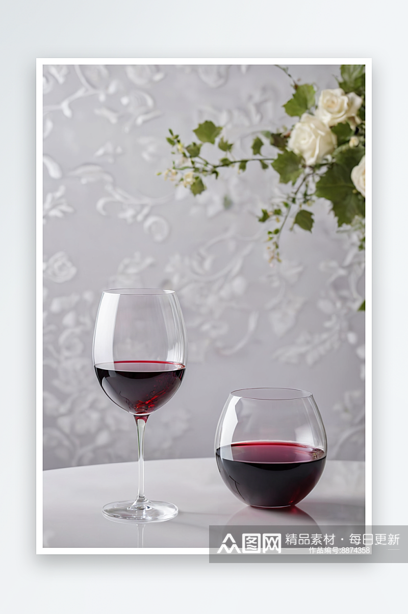 白桌子上放着一杯红酒一个醒酒器光背景图片素材