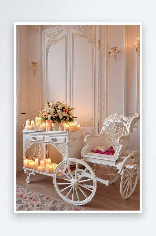 白色长凳上装饰着点燃蜡烛鲜花打开一扇门