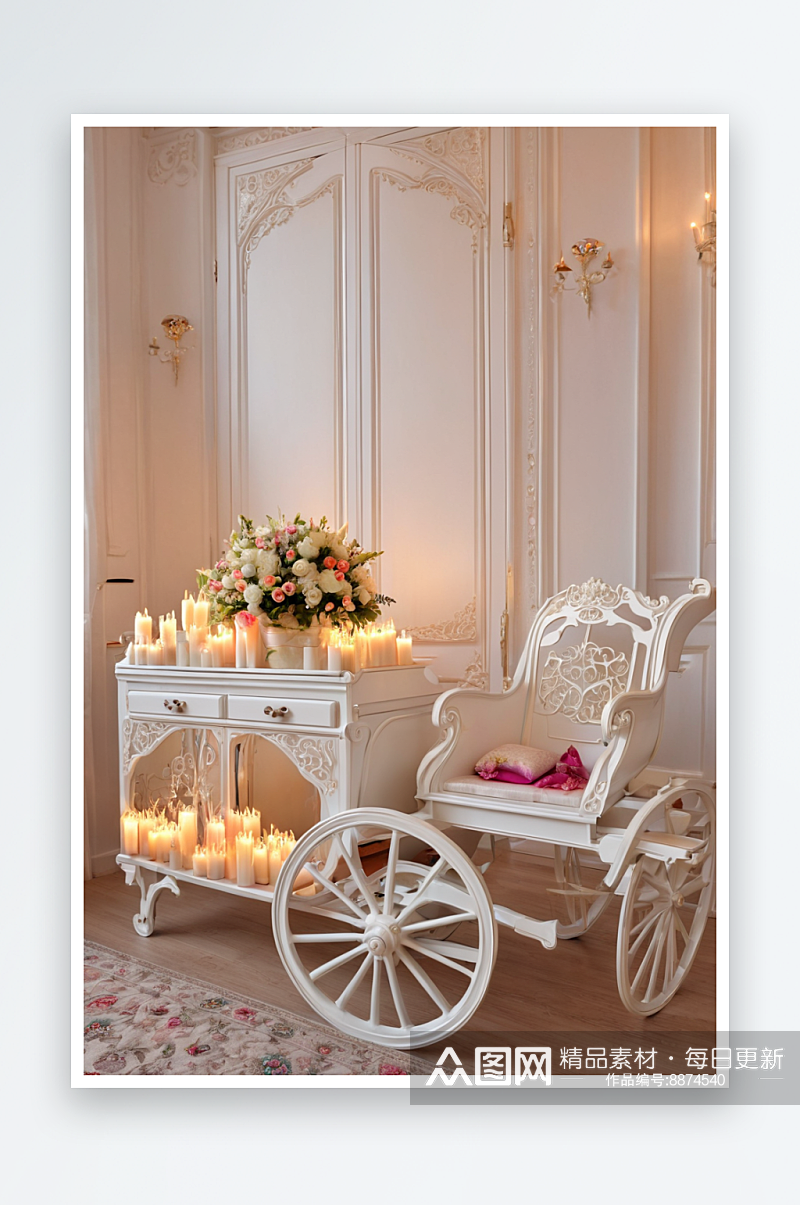 白色长凳上装饰着点燃蜡烛鲜花打开一扇门素材