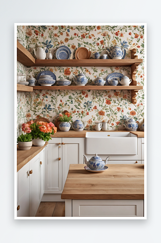 白色乡村别墅厨房漂浮着木架子上陶器图片