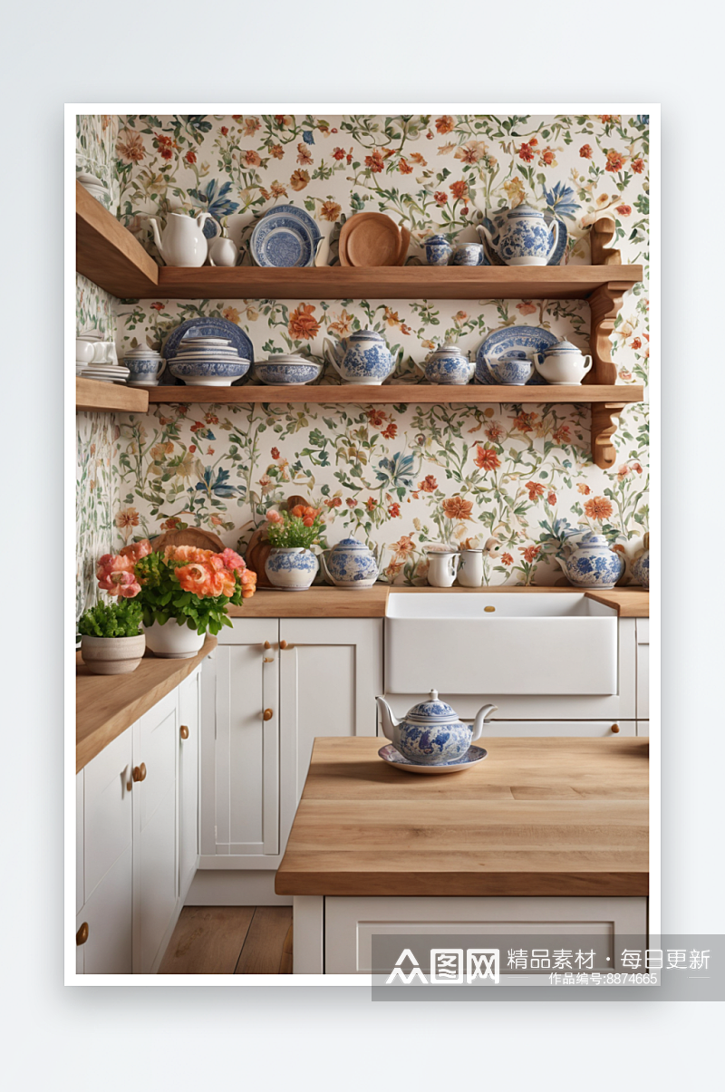 白色乡村别墅厨房漂浮着木架子上陶器图片素材