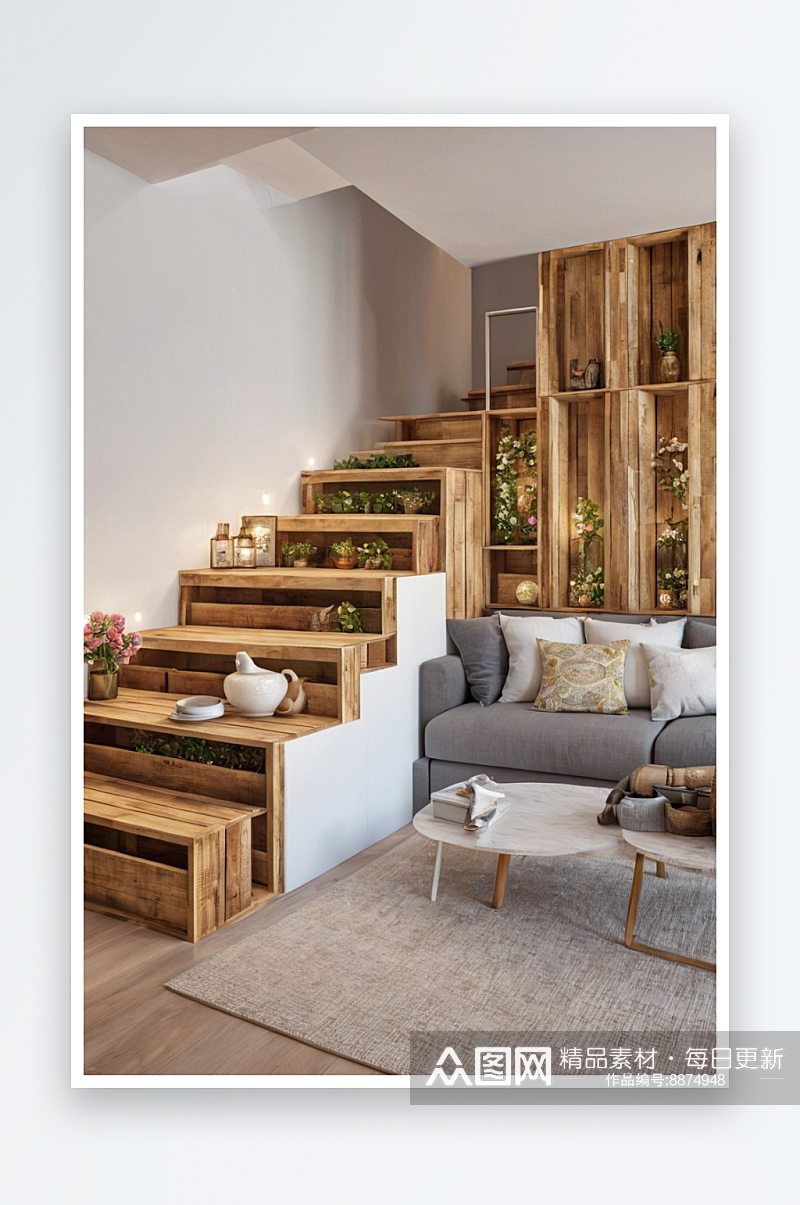 白色沙发质朴木条箱用作木楼梯下安装橱柜前素材