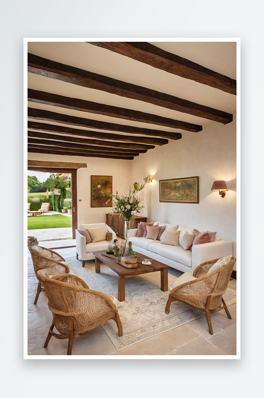 白色沙发地垫边桌木梁天花板舒适休息区翻新