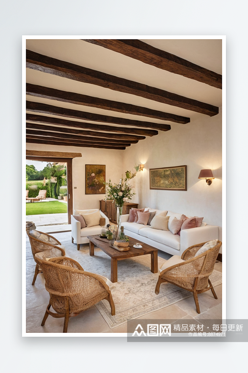 白色沙发地垫边桌木梁天花板舒适休息区翻新素材