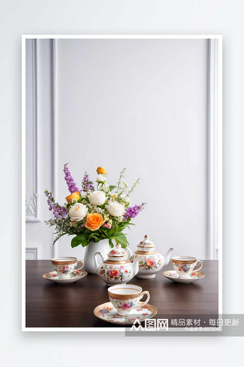 白色墙壁旁深色木桌摆着花束四杯茶具为茶话素材
