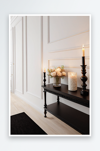 白色木质门厅里黑色半高木架子上放着蜡烛靠