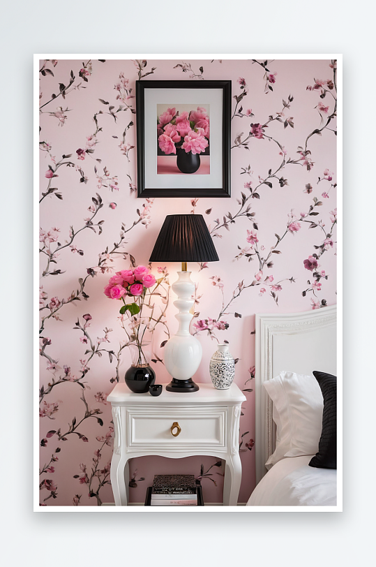 白色木墙床头柜上摆放着粉色烛台黑色碗配有