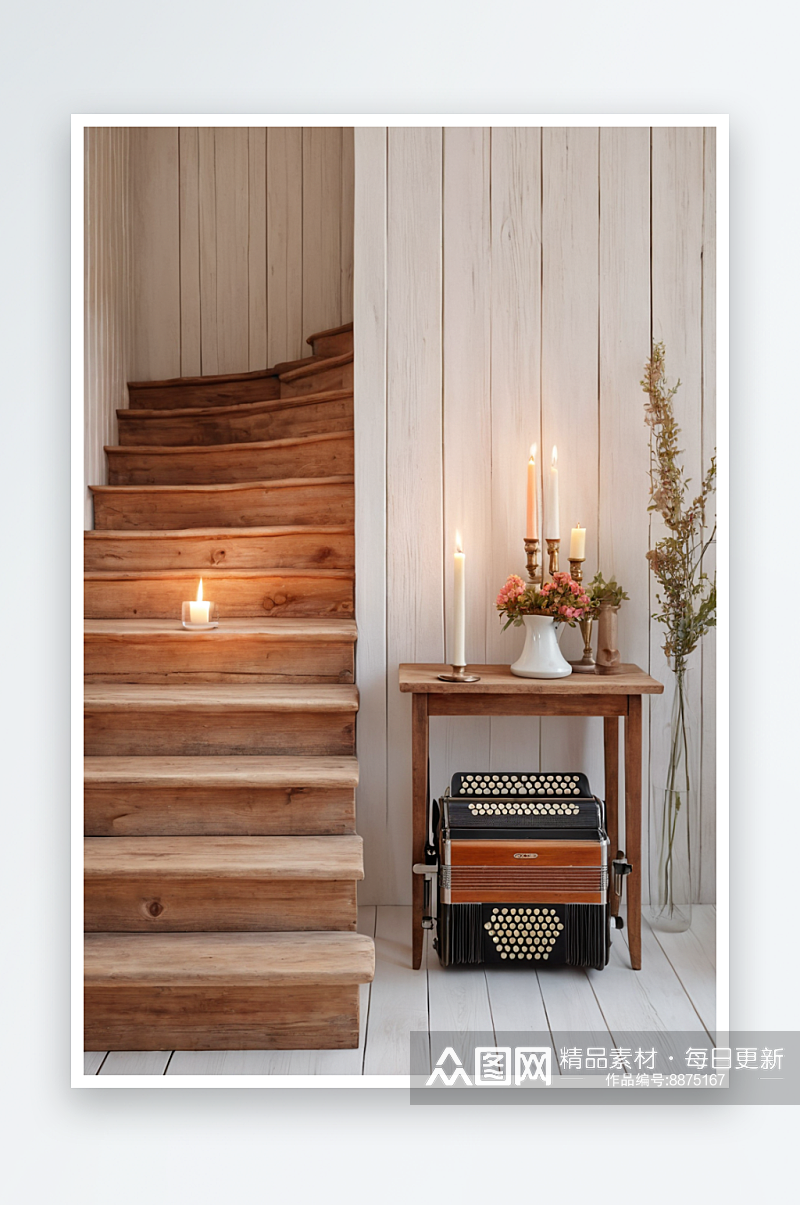 白色木墙边简单桌子上放着烛台老式手风琴素材