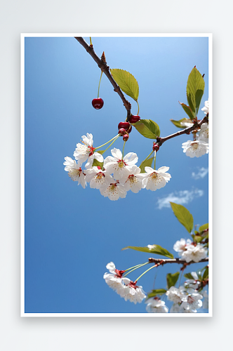 白色花蓝色背景上低角度樱花对天空看法图片