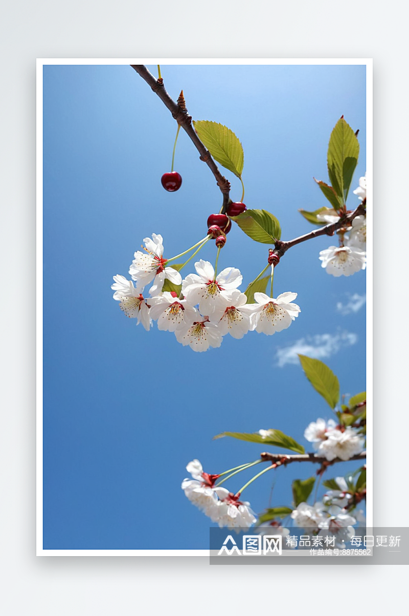 白色花蓝色背景上低角度樱花对天空看法图片素材