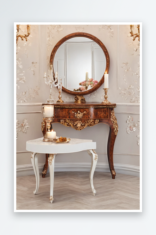 白色扶手椅古董柜圆镜下地板上有烛台图片