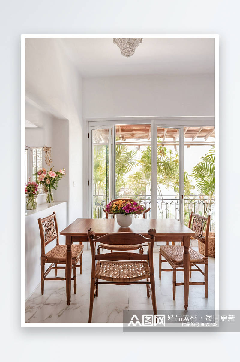 白色餐厅里木制家具开敞阳台窗户通向阳台图素材