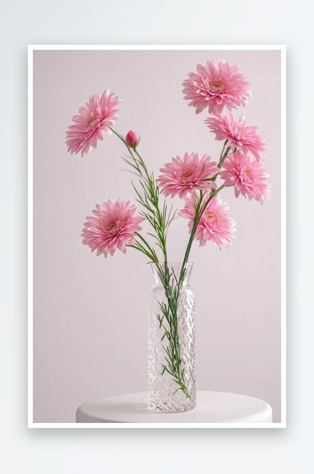 白色背景下花瓶中粉红色花朵特写图片素材