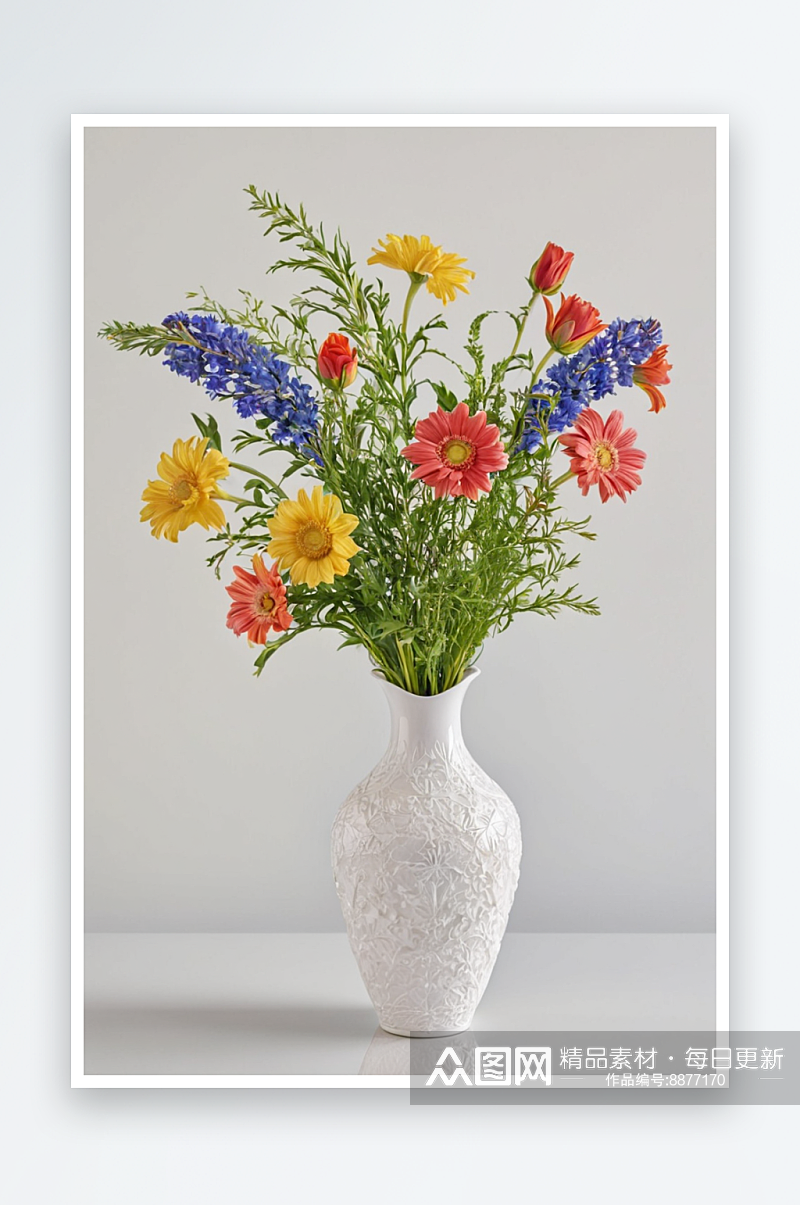 白色背景下花瓶里六初花花朵特写镜头图片素材