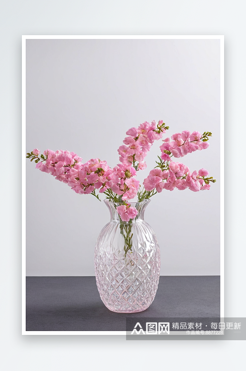 白色背景下花瓶里粉红色花朵特写镜头图片素材