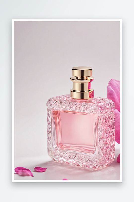 白色背景下粉色香水瓶特写图片
