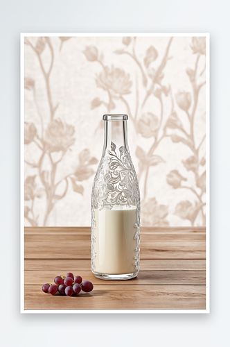 白色背景木桌上玻璃杯玻璃酒瓶里装着牛奶图