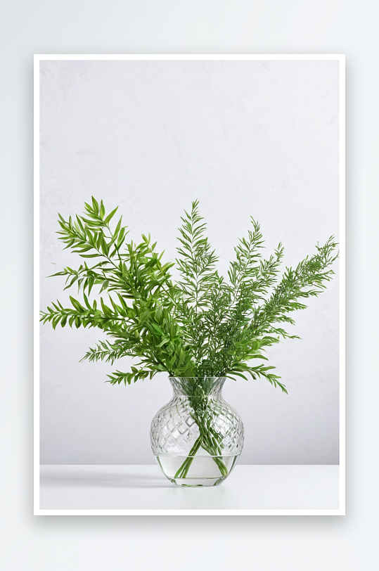 白色背景玻璃花瓶里新鲜树叶时髦家居装饰复