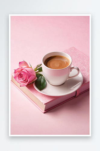 白色杯碟咖啡淡粉色玫瑰粉红色书粉红色背景
