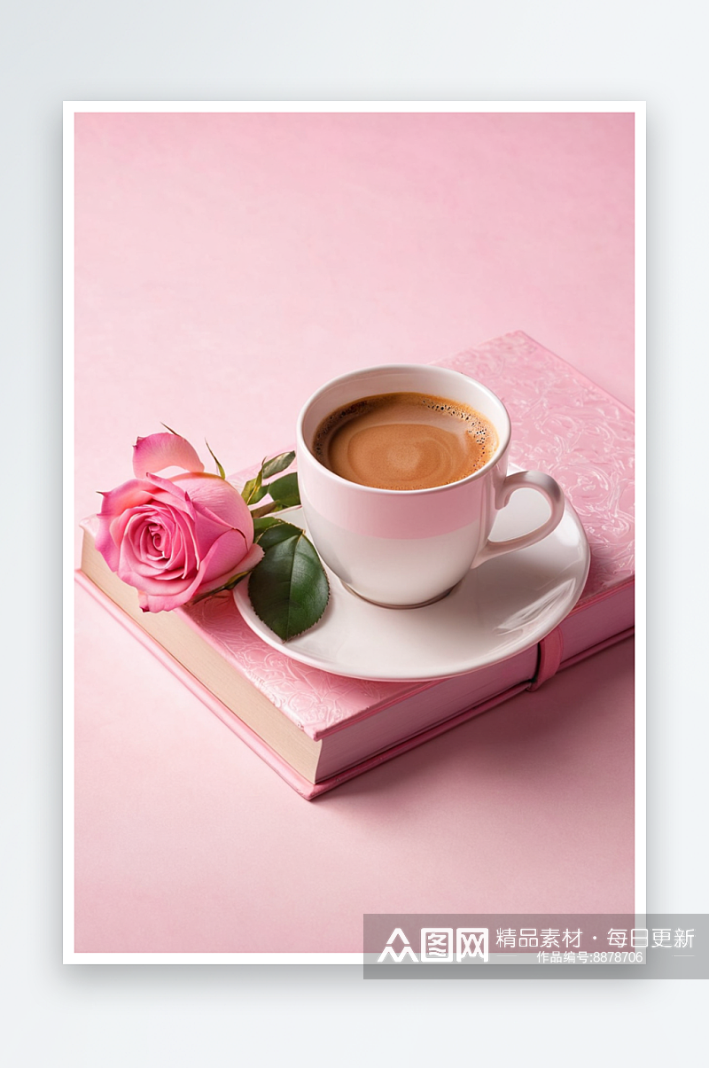 白色杯碟咖啡淡粉色玫瑰粉红色书粉红色背景素材