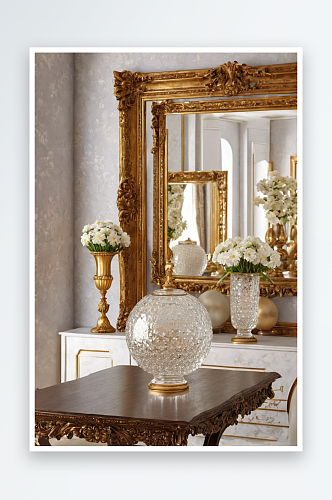 白花不同花瓶装饰球古董桌子前镀金框镜子墙