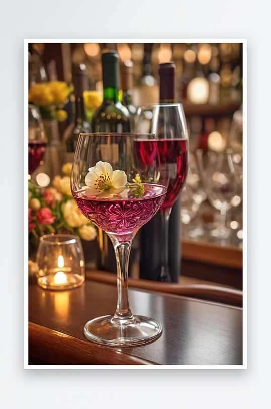 吧台上放着花还有玻璃杯葡萄酒图片