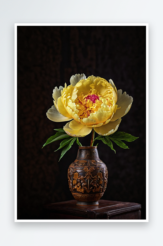 暗色背景下花瓶中一支黄色芍药花图片