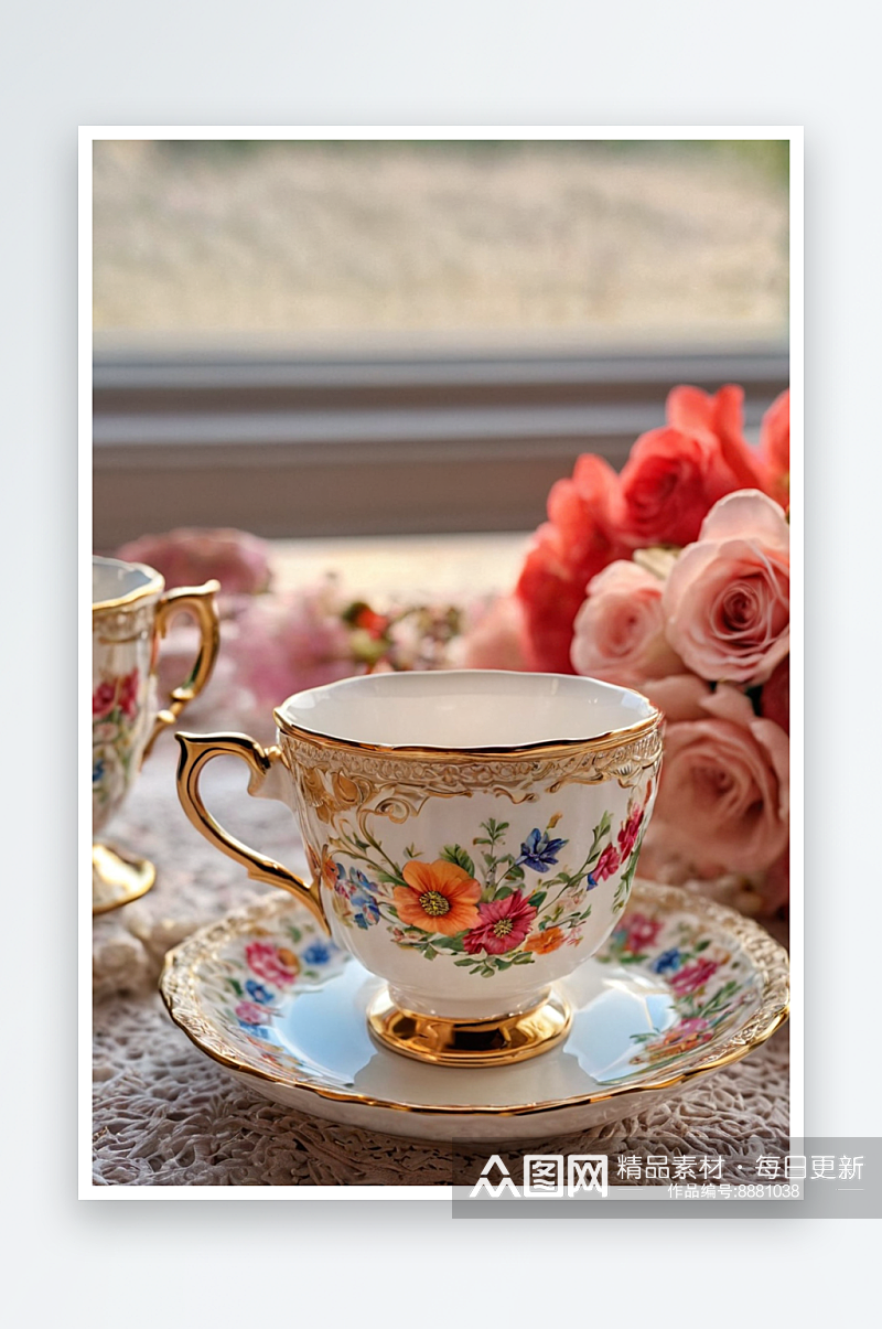 桌子上的茶杯茶水特写摄影图素材