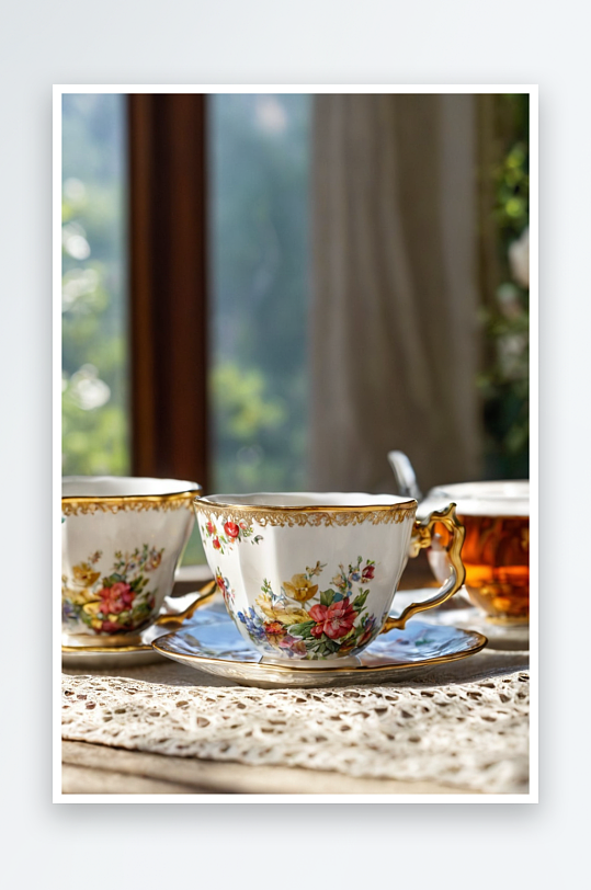 桌子上的茶杯茶水特写摄影图