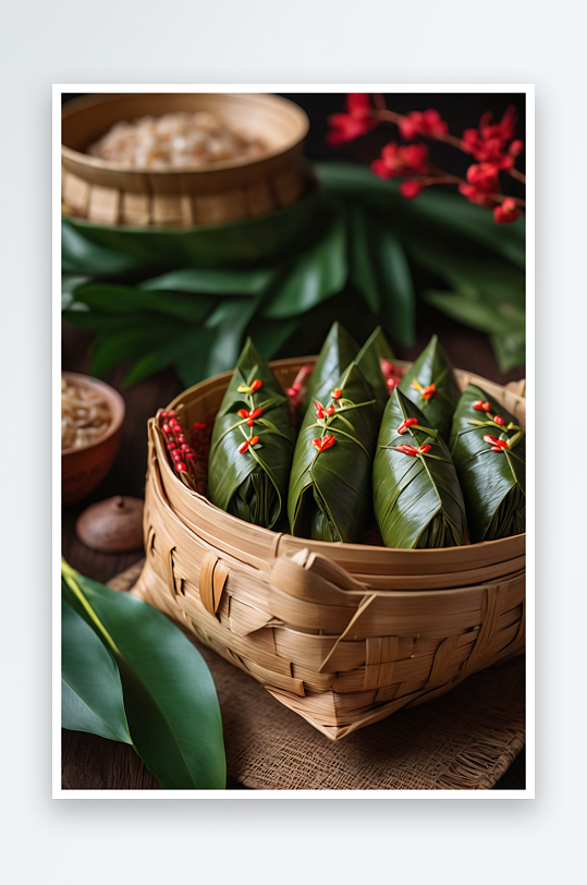传统端午节新鲜绿色粽子包粽子美味食物图片