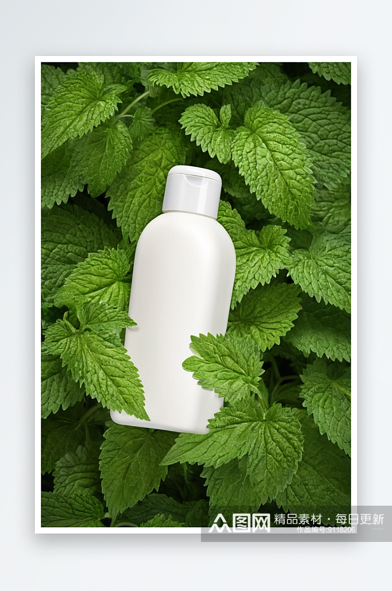 自然界新鲜荨麻中一瓶白色洗发水化妆品瓶洗素材