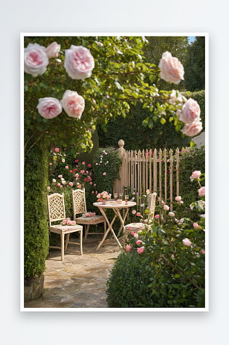 桌子木椅上平台木篱笆前花园里满是开花玫瑰