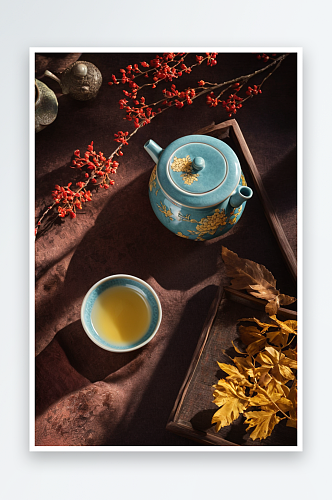 中式茶具文化茶道枯黄落叶陶瓷茶杯照片