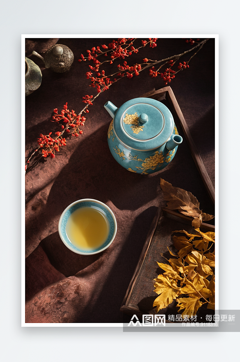 中式茶具文化茶道枯黄落叶陶瓷茶杯照片素材