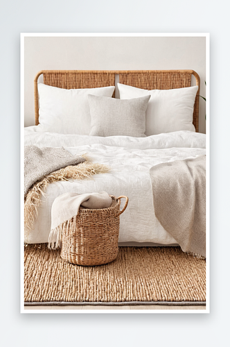 折叠灰色编织格子草篮上柳条地毯床边舒适
