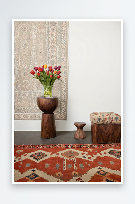 郁金香花瓶靠墙长方形图案设计师凳子前景