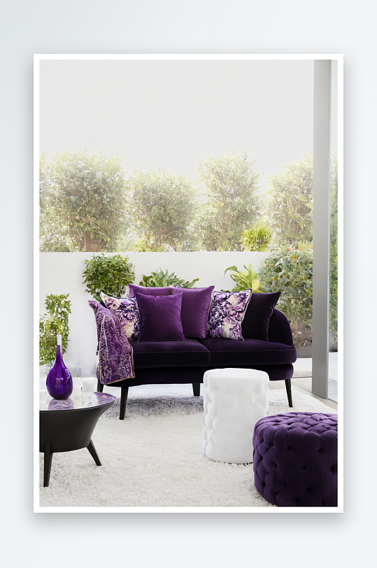 有紫色罩坐垫地垫沙发饮料黑色咖啡桌上白