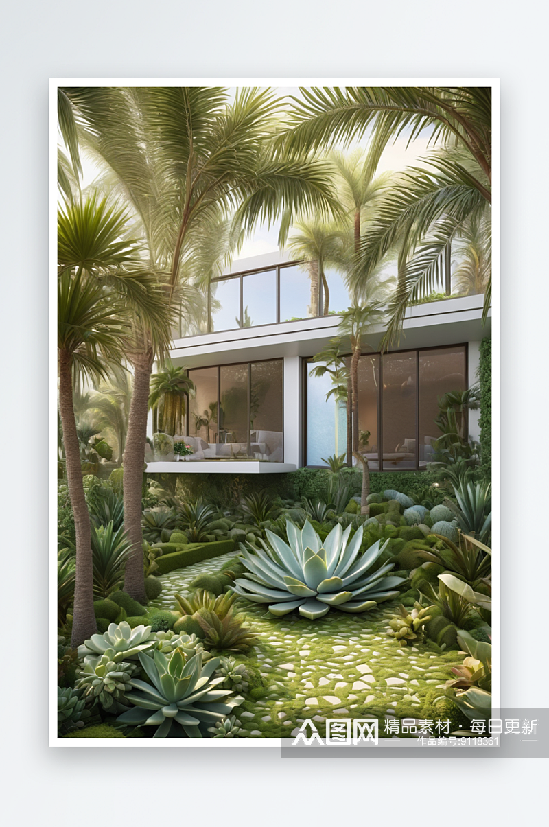 有阳台异国花园房子棕榈树多肉植物图片素材