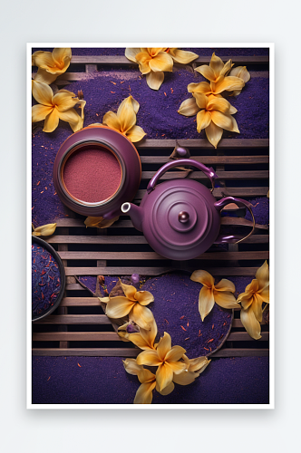 迎春花与紫砂壶普洱茶照片