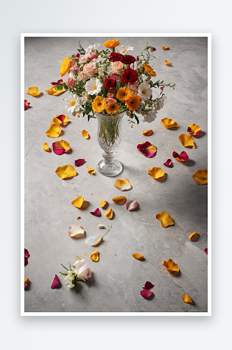 一个破碎花瓶放灰色地板上周围是一束花花瓣