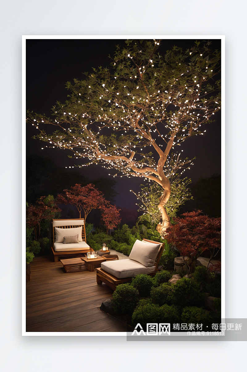 夜晚户外休息区被仙女灯照亮硬木椅垫羽绒被素材