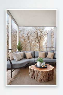 阳台上沙发树干片用作咖啡桌图片