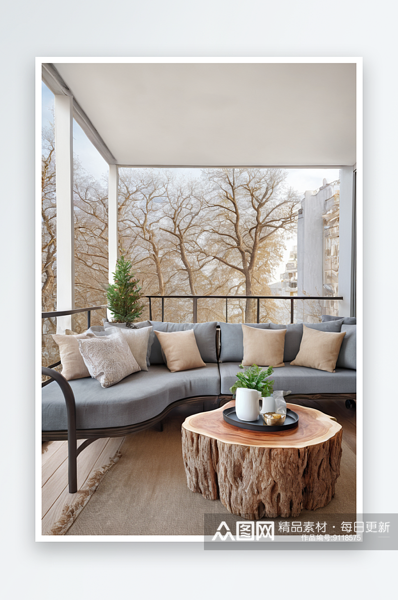 阳台上沙发树干片用作咖啡桌图片素材