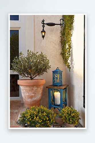 小橄榄树赤陶罐蜡烛灯笼柚木椅子阳台上图片