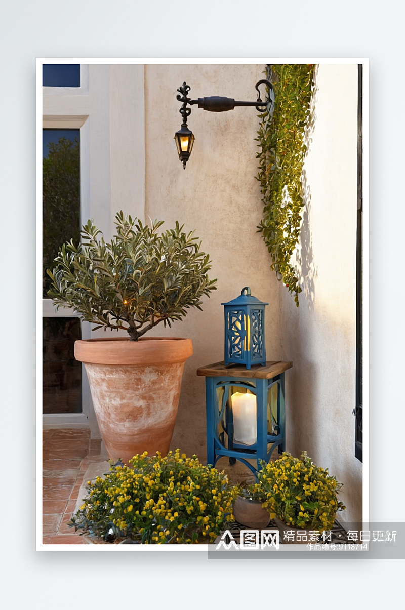 小橄榄树赤陶罐蜡烛灯笼柚木椅子阳台上图片素材