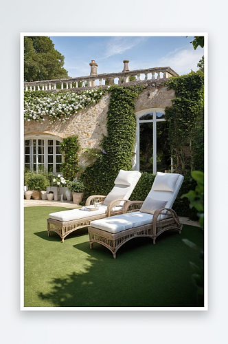 乡村房屋外有白色靠垫浅色柳条太阳躺椅图片